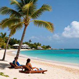 Caribbean Holidays, Saint Lucia May, Quiet Saint Lucia beach in May with turquoise water, palm trees, sun loungers and a couple enjoying a peaceful afternoon
