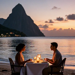 Caribbean Holidays, Saint Lucia May, Romantic beachfront dinner for two with candles and a sunset over the Caribbean Sea in Saint Lucia
