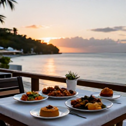 Caribbean Holidays, Saint Lucia Multi-Country, A relaxed evening at a Saint Lucian waterfront restaurant, with local food, soft sunset light and the sea beyond
