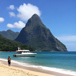 Caribbean Holidays, Saint Lucia Multi-Country, A stylish Caribbean island-hopping travel scene with a small boat, tropical coastline and travellers exploring a nearby island