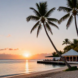 Caribbean Holidays, Saint Lucia Multi-Country Holidays, A peaceful Saint Lucia beach at sunset with palm trees, calm water and a small beachfront restaurant