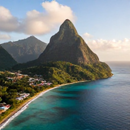 Caribbean Holidays, Saint Lucia Multi-Country Holidays, Aerial view of Saint Lucia's green volcanic coastline, turquoise sea and Pitons in warm August sunshine