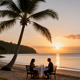 Caribbean Holidays, Saint Lucia Multi-Country Holidays, Couple enjoying a sunset dinner beside a Saint Lucia beach, with palm trees, calm sea and warm evening light