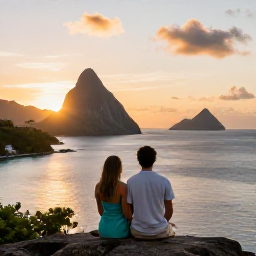 Caribbean Holidays, Saint Lucia Multi-Country Holidays, Couple overlooking a Caribbean bay at sunset with several tropical islands in the distance