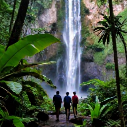 Caribbean Holidays, Saint Lucia Multi-Country Holidays, Travellers walking through a lush Saint Lucia rainforest near a waterfall, with tropical plants and soft August light