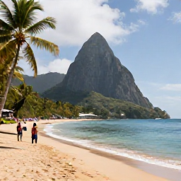 Caribbean Holidays, Saint Lucia Multi-Country Holidays, Visitors enjoying a calm golden beach beneath palm trees on Saint Lucia