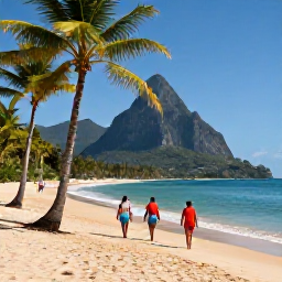 Caribbean Holidays, Saint Lucia Multi-Country, Travellers walking beside palm trees on a golden Saint Lucian beach, with calm turquoise water and the Pitons in the distance