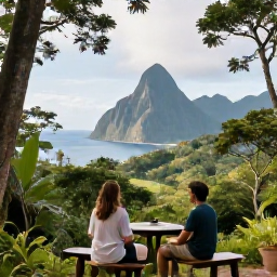 Caribbean Holidays, Saint Lucia Nature, A friendly couple enjoying a peaceful eco-friendly Saint Lucia nature holiday, surrounded by rainforest and views towards the Caribbean Sea