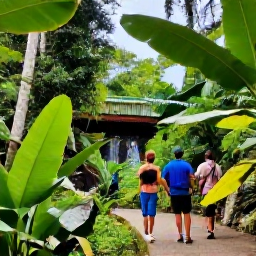 Caribbean Holidays, Saint Lucia Nature, A guided walk through the Saint Lucia rainforest near Soufriere, with a couple observing tropical plants and a small waterfall
