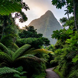 Caribbean Holidays, Saint Lucia Nature, A lush tropical rainforest in Saint Lucia during August, with green mountains, ferns and a narrow walking trail beneath soft morning light