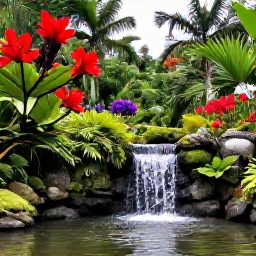 Caribbean Holidays, Saint Lucia Nature, A peaceful Saint Lucia botanical garden with tropical flowers, palms and a small waterfall near Soufriere