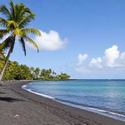 Caribbean Holidays, Saint Lucia Nature, A quiet Saint Lucia beach with palms, calm turquoise water and dark volcanic sand under a bright August sky