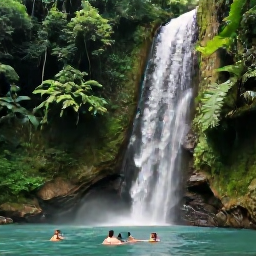 Caribbean Holidays, Saint Lucia Nature, A warm natural waterfall and inviting pool in Saint Lucia, surrounded by dense green tropical forest and visitors enjoying a peaceful swim