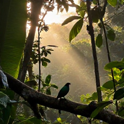 Caribbean Holidays, Saint Lucia Nature, Birdwatcher in a quiet Saint Lucia forest at sunrise, surrounded by tropical trees and colourful island birds