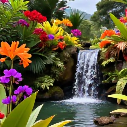Caribbean Holidays, Saint Lucia Nature, Colourful tropical flowers and a small waterfall in a peaceful Saint Lucia botanical garden during the summer