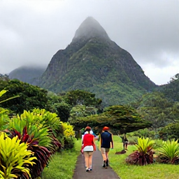 Caribbean Holidays, Saint Lucia Nature, Hikers walking through Saint Lucia rainforest towards a viewpoint of the Pitons, with misty green hills and tropical plants