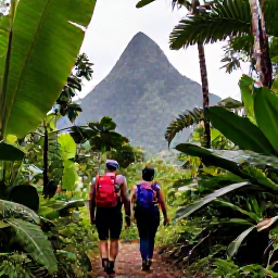 Caribbean Holidays, Saint Lucia Nature, Hikers walking through Saint Lucia's rainforest near Soufriere, surrounded by broad leaves, ferns and tropical mountain scenery