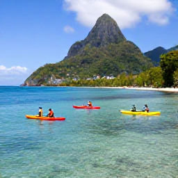 Caribbean Holidays, Saint Lucia Nature, Kayakers and snorkellers enjoying clear Caribbean water beside Saint Lucia's green coastline in January