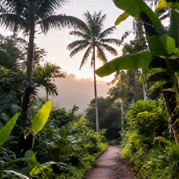 Caribbean Holidays, Saint Lucia Nature, Lush Saint Lucia rainforest with towering palms, tropical foliage and a winding walking trail in soft morning light