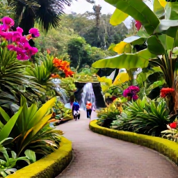 Caribbean Holidays, Saint Lucia Nature, Peaceful Saint Lucia botanical garden with tropical flowers, a small waterfall and visitors exploring shaded paths