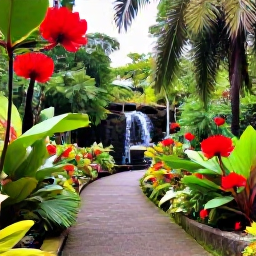 Caribbean Holidays, Saint Lucia Nature, Peaceful Saint Lucia botanical garden with tropical flowers, palms, a small waterfall and visitors exploring shaded paths