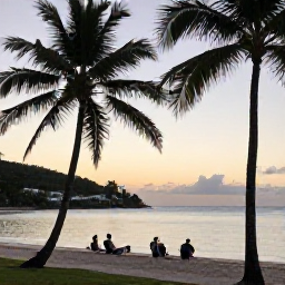 Caribbean Holidays, Saint Lucia Nature, Relaxed June evening on a Saint Lucia beach with palm trees, calm sea and travellers enjoying a nature-focused holiday