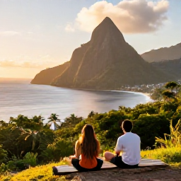 Caribbean Holidays, Saint Lucia Nature, Relaxed travellers enjoying a scenic viewpoint over Saint Lucia's green coastline at sunset in February
