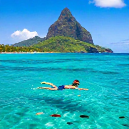 Caribbean Holidays, Saint Lucia Nature, Saint Lucia coastline in June with a snorkeller above clear turquoise water, colourful reef fish and a green mountainous backdrop