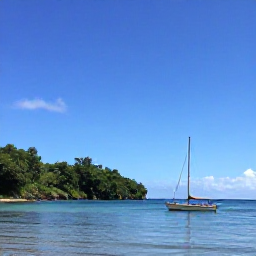 Caribbean Holidays, Saint Lucia Nature, Small sailing boat on calm Caribbean water near Saint Lucia, with green coastline and clear blue sky in July