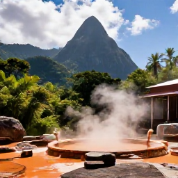 Caribbean Holidays, Saint Lucia Nature, Sulphur Springs and a warm mineral mud pool near Soufriere, Saint Lucia, surrounded by tropical hills