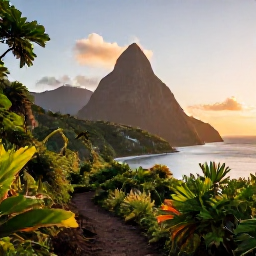 Caribbean Holidays, Saint Lucia Nature, The Pitons rising above the Caribbean Sea in Saint Lucia at sunrise, viewed from a scenic hiking trail with tropical vegetation
