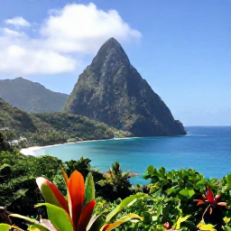 Caribbean Holidays, Saint Lucia Nature, The Pitons rising beside the turquoise Caribbean Sea in Saint Lucia, viewed from a scenic hillside with tropical vegetation