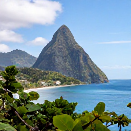 Caribbean Holidays, Saint Lucia Nature, The twin Pitons rising above a calm blue sea in Saint Lucia, viewed from a green coastal viewpoint in July