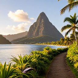 Caribbean Holidays, Saint Lucia Nature, The twin Pitons rising beside the calm Caribbean Sea, viewed from a green Saint Lucia coastal trail in warm October light