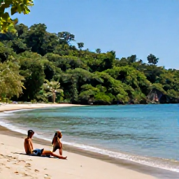Caribbean Holidays, Saint Lucia Nature, Travellers relaxing at a small Saint Lucia beach after a nature excursion, with rainforest-covered hills and calm blue water