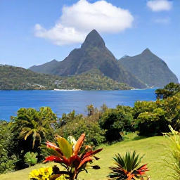 Caribbean Holidays, Saint Lucia Nature, Twin Pitons rising above the Caribbean Sea, viewed from a green hillside with tropical plants in the foreground