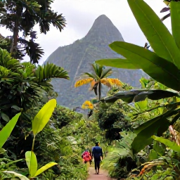 Caribbean Holidays, Saint Lucia Nature, Visitors walking through Saint Lucia's rainforest near Soufriere, surrounded by broad leaves, palms and tropical mountain scenery