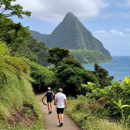 Caribbean Holidays, Saint Lucia Nature, Visitors walking through the lush Tet Paul Nature Trail with views towards the Pitons and the Caribbean Sea