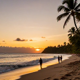 Caribbean Holidays, Saint Lucia November, A quiet Saint Lucia beach at sunset with gentle waves, palm trees and a couple walking along the shoreline