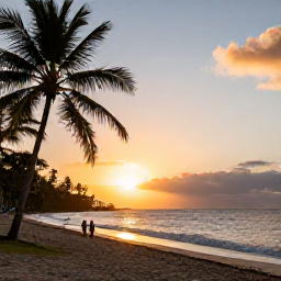 Caribbean Holidays, Saint Lucia November, A relaxed Saint Lucian beach at sunset in November, with palm trees, gentle waves and a couple walking along the sand