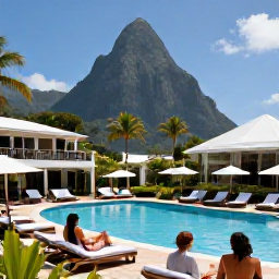 Caribbean Holidays, Saint Lucia November, A stylish all-inclusive resort in Saint Lucia with a swimming pool, loungers, tropical gardens and guests enjoying a sunny afternoon