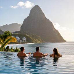 Caribbean Holidays, Saint Lucia November, Adults relaxing beside an infinity pool overlooking the Caribbean Sea in Saint Lucia, warm November sunshine
