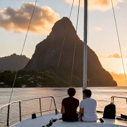 Caribbean Holidays, Saint Lucia November, Couple enjoying a sunset catamaran cruise past the Pitons in Saint Lucia