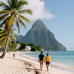 Caribbean Holidays, Saint Lucia November, Couple walking hand in hand along a quiet palm-fringed beach in Saint Lucia during November