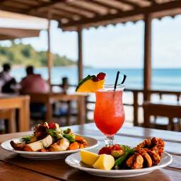 Caribbean Holidays, Saint Lucia November, Fresh Saint Lucian seafood and colourful tropical cocktails served at an open-air beachfront restaurant