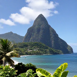 Caribbean Holidays, Saint Lucia November, The Pitons rising above a lush Saint Lucia coastline, with a small boat on clear blue water and tropical vegetation