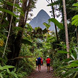 Caribbean Holidays, Saint Lucia November, Visitors exploring a rainforest trail beneath tall tropical trees in Saint Lucia, with the Pitons visible in the distance