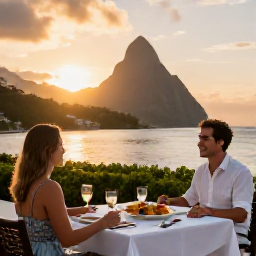 Caribbean Holidays, Saint Lucia October, A couple dining outdoors at a Saint Lucia all-inclusive resort as the sun sets over the Caribbean, with local food on the table