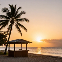 Caribbean Holidays, Saint Lucia October, A peaceful Saint Lucian beach at sunset in October, with a small wooden beach bar, palm silhouettes and warm golden light