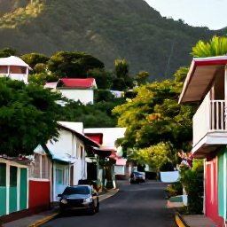Caribbean Holidays, Saint Lucia October, A welcoming Saint Lucian village street in October, with colourful houses, tropical greenery and warm afternoon light